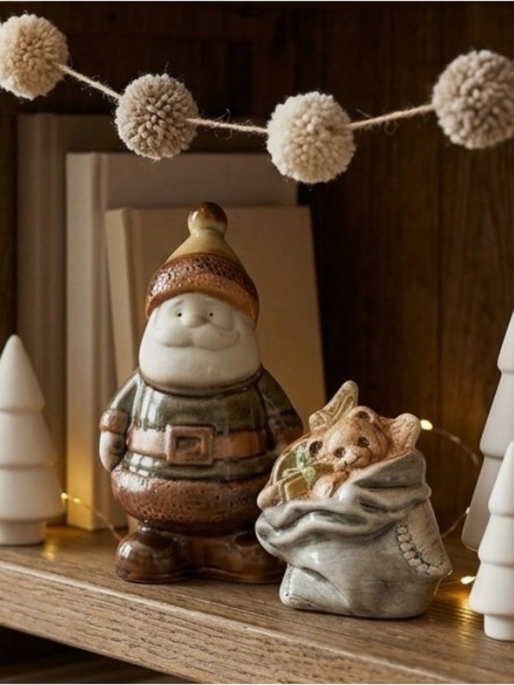 Vintage Glazed Ceramic Santa Claus Figurines Neutral Holiday Decor